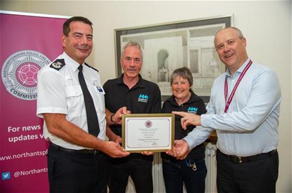 2019 Road funding award l-r - Chief Constable Nick Adderley, Group Chair John Norrie, me (Henny Cameron) and PFCC Stephen Mold